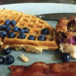 Yummy brunch with blueberries Duke picked that morning